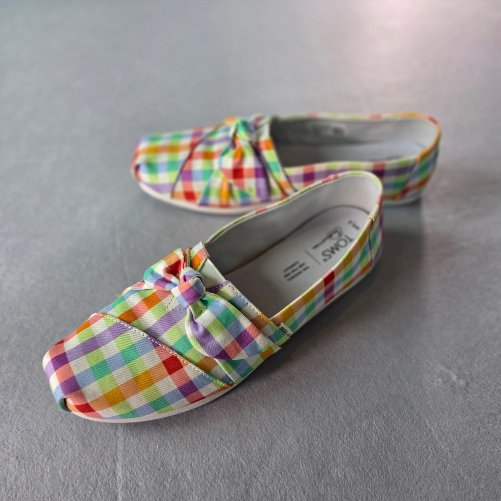 TOMS Alpargata Rainbow Gingham Bow Slip On Flats 9.5 Colorful Preppy